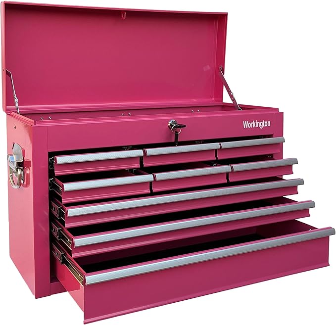 Workington Portable Metal Tool Chest with 9 Drawers, 24" 9-Drawer Tool Chest Cabinet with Ball Bearing Drawer Slides, Steel Tool Storage Box Organizer 4006 Pink