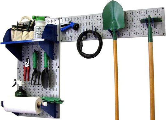 Wall Control Pegboard Garden Supplies Storage and Organization Garden Tool Organizer Kit with Gray Pegboard and Blue Accessories