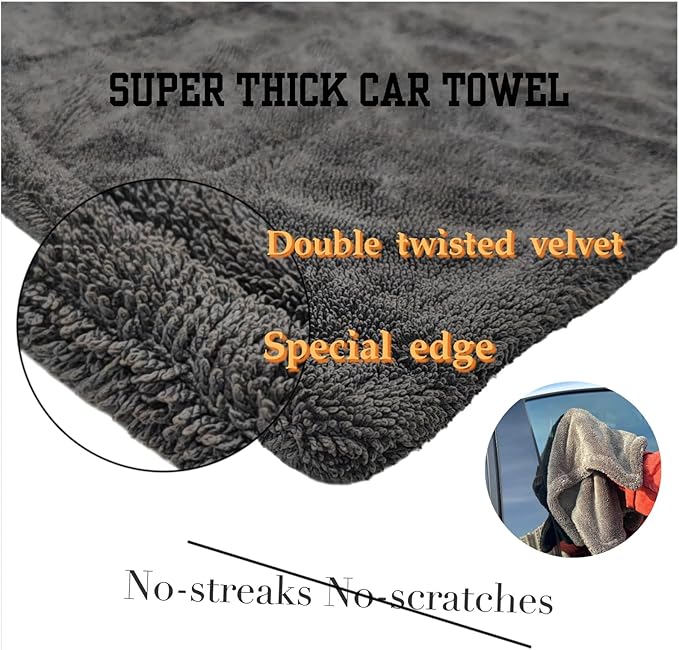 Extra Large 24x36 Car Drying Towels, 1300GSM Absorbent Microfiber, Double Twisted Velvet, Rinse-Free Streak-Free, One Pass Soft Efficient Drying, for Car Detailing, SUV Truck Exterior Care