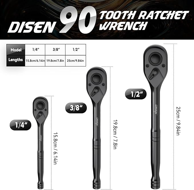 DISEN 3PCS Black Ratchet Wrench Set (1/2", 3/8", 1/4" Drive) - 90-Tooth Drive Ratchet Socket Wrench, Black Oxide Finish with Reversible Quick Release & EVA Tray - Industrial Ratchet Wrench Kit