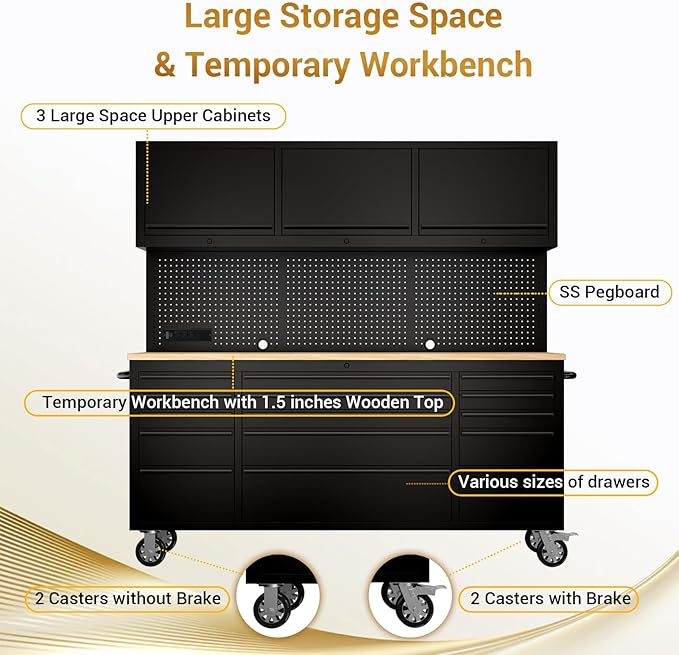 CHETTO C 72-inch Rolling Tool Chest Cabinet Mobile Workbench with 15 Storage Drawers and Wheels 3 Uper Cabinet Outlet SS Pegboard Black Tool Box for Garage