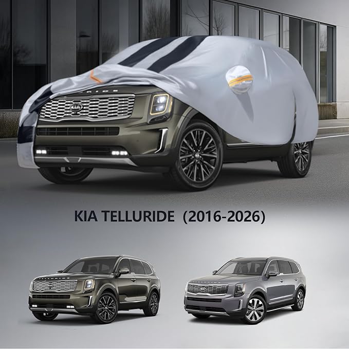 Multi-Layer Car Cover Custom Fit for Kia Telluride(2016-2026), 100% Waterproof All Weather for Automobiles, Gift with Towel, Heavy Duty Car Covers for Rain Sun UV Protection with Door Zipper