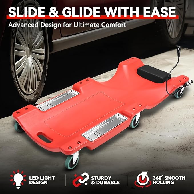 Auto Dynasty 40 Inches Mechanic Creeper, Automotive Garage Repair Low Profile Under Car Rolling Creeper with LED Light and Padded Headrest, Plastic, Red