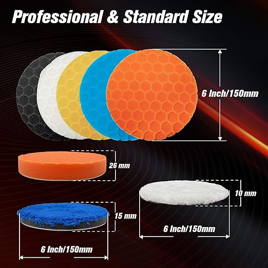 Buffing Polishing Pads 6 Inch - 7Pcs 150mm Face for 6 Inch 150mm Backing Plate, Car Compound Buffing Sponge Pads and Woolen Cutting Polish Pad Kit for Car Polishing and Waxing
