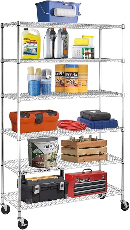 BestOffice 18x48x72 Wire Shelving with Commercial Wheels 6-Shelf Adjustable Heavy Duty Storage Shelves Metal Shelves Storage Unit Shelf,6000 LBS (Chrome)