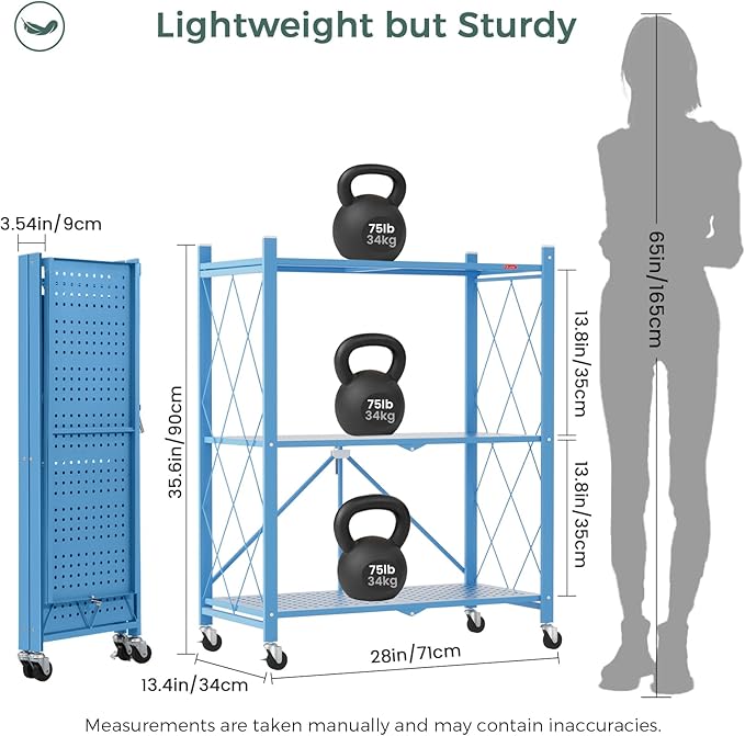 DEANIC 3 Tier Foldable Storage Shelves with Wheels, Kitchen Appliance Stand, Freestanding Metal Wire Shelf Rack, No Assembly Organizer Rolling Cart for Garage, Basement, Pantry(Blue)