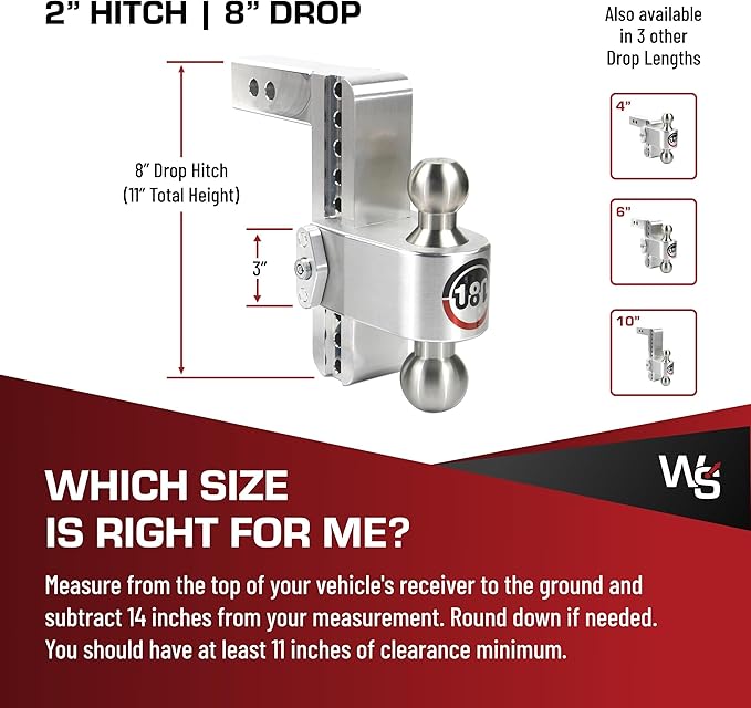 Weigh Safe Adjustable Trailer Hitch Ball Mount, 8" Adjustable Drop Hitch for 2" Receiver w/ 4 pc Keyed Alike Lock Set, Heavy Duty Aluminum Trailer Tow Hitch w/Stainless Steel Tow Balls, 12,500 GTW