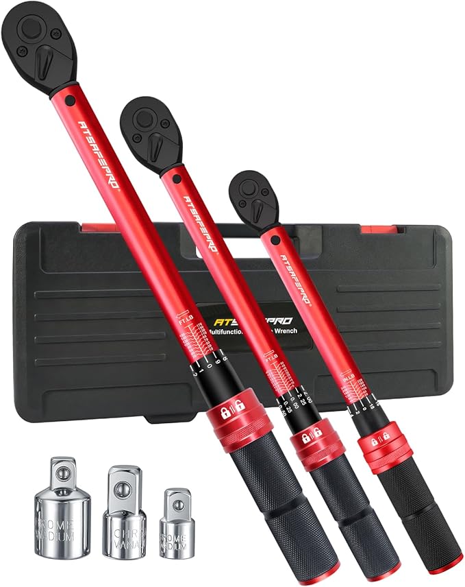 ATsafepro Torque Wrench Set-1/4 20–240 in-LB, 3/8" 5–50 ft-lb,1/2" 10–170 ft-lb with 3 Socket Adapters,±3% Accuracy, Dual Scale, 72-Tooth, Dual-Direction for Car, Bike, Motorcycle Repair Maintenance