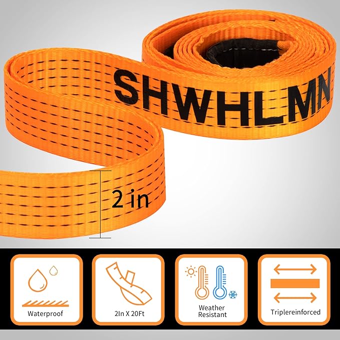 Tow Strap Heavy Duty 2" x 20 Ft,Tested 20,024lb Break Strength Reinforced Tree Saver Straps,Use for Emergency 4x4 Towing Rope,Tree Saver,Road Tow Truck Camper Accessories Travel Essentials