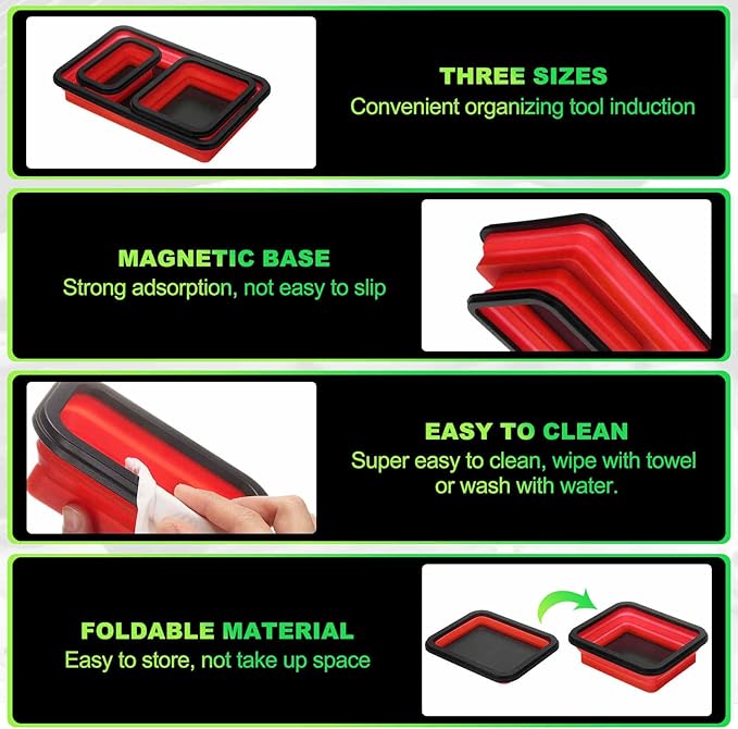 HARFINGTON 3pcs Collapsible Magnetic Parts Tray Set 3 Different Size Foldable Small Metal Parts Tool Tray Rectangle Silicone Bowls for Fixing Screw Bolts Nuts Washers Pins, Red