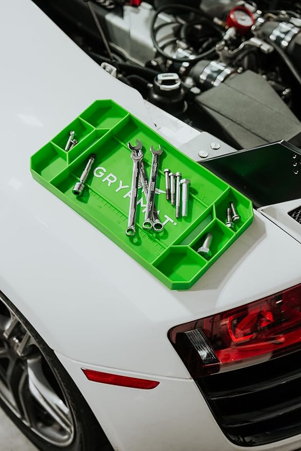 Grypmat Plus Grip Mat for Mechanics - Non-Slip Flexible Silicone Tool Tray - Tool Organizer for Tool Box - Magnetic-Free, Easy-to-Clean Tool Mat - QUAD S, M, L & XL, Green