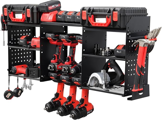 3 layers power tool organizer Loads 150lbs with 6 Cordless Drill Holder and 6 Outlet Power Strip,it’s good choice for husband birthday gift,black