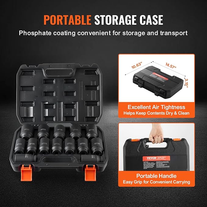 VEVOR Axle Nut Impact Socket Set - 1/2" Drive Deep 6+12-Point 14-Piece Metric Spindle Nut Socket CR-V Heat Treated Large Socket Set with Storage Case for Auto Repair, Removing or Installing Axle Nuts