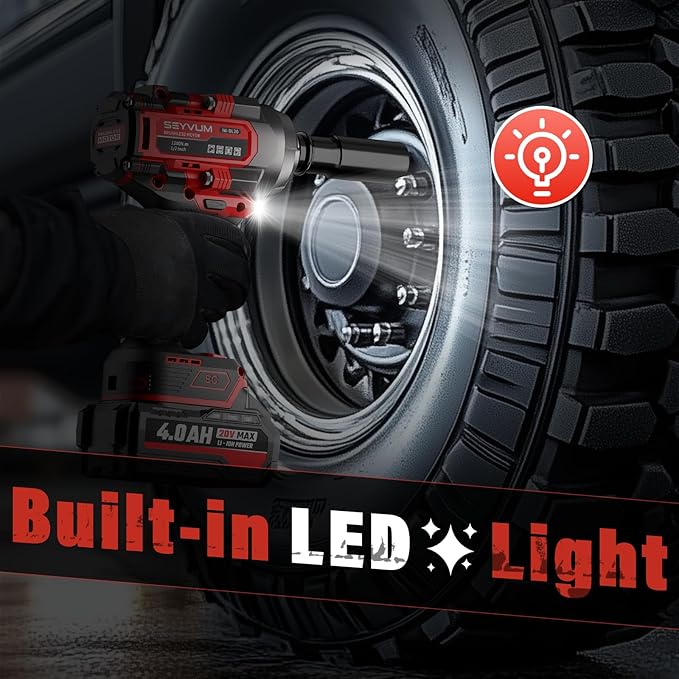 SEYVUM Cordless Impact Wrench, 1/2” Max Torque 900 Ft-lbs / 1200 N.m Powerful Impact Gun, 20V 3500RPM Electric Impact Driver, 2 x 4.0Ah Battery & Fast Charger, 6 Impact Sockets, Carrying Case Included