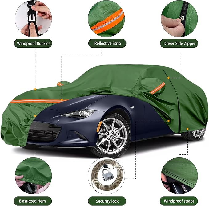 Waterproof Car Covers Replace for 1998-2025 Mazda Miata/MX-5, Multilayer Heavy Duty with Cotton Liner All Weather Car Cover with Zipper Door, Windproof Bands for Snow Rain Dust Protection