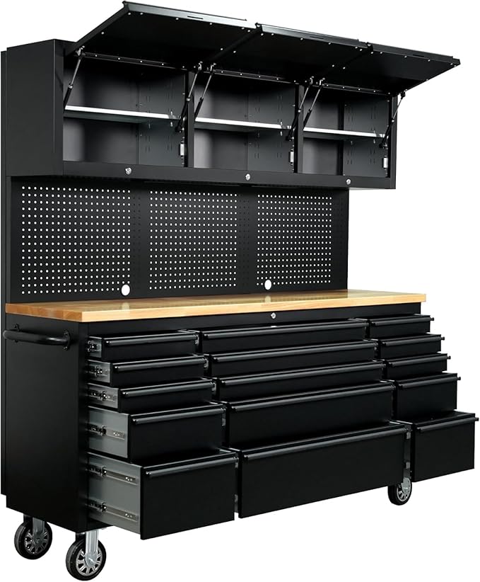 72-inch Rolling Tool Chest Cabinet Garage Workbench with 15 Storage Drawers and Wheels, 3 Upper Cabinet, Pegboard, Steel Large Tool Box for Garage Workshop, Matte Black