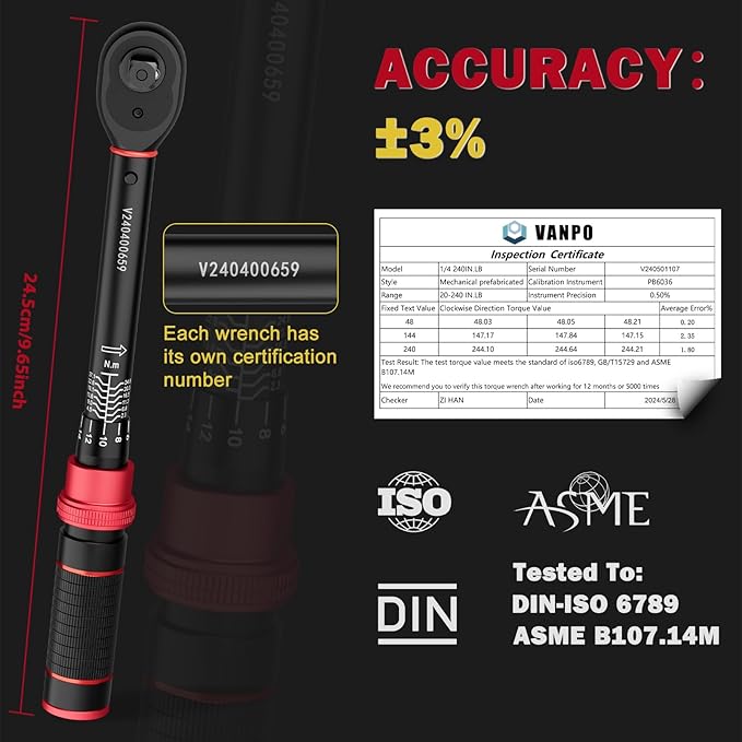 VANPO 1/4-inch Drive Click Torque Wrench, 20-240 in. lb/2.3-27.1 Nm, Inch Pound Torque Wrench Set with 1/4" to 3/8" Adapter, 10cm Extension Bar, Small Bike Torque Wrench for MTB, Bicycle Maintenance