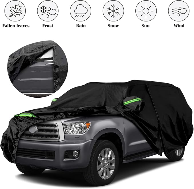 Waterproof Car Covers Replace for 2001-2025 Toyota Sequoia, 6 Layers All Weather Car Cover with Zipper Door & Windproof Bandsfor Snow Rain Dust Hail Protection