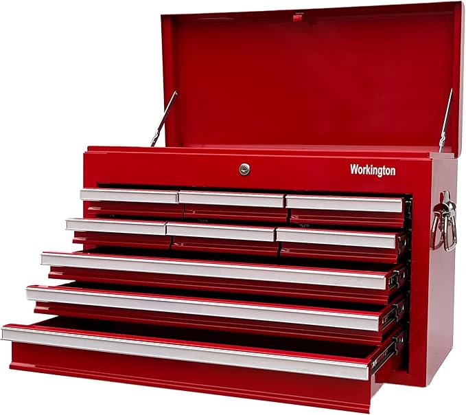 Workington Professional Industrial Portable Metal Tool Chest with 9 Drawers, 26" 9-Drawer Tool Chest Cabinet with Ball Bearing Drawer Slides, Steel Tool Storage Box Organizer 4016 Red