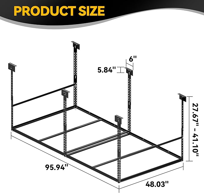 4x8 Ft Overhead Garage Storage Rack, 28-41 inch Height Adjustable Ceiling Mounted Organization Rack, 700 lbs Weight Capacity, 48"x96" Heavy Duty Space-Saving Metal Rack for Garage Storage