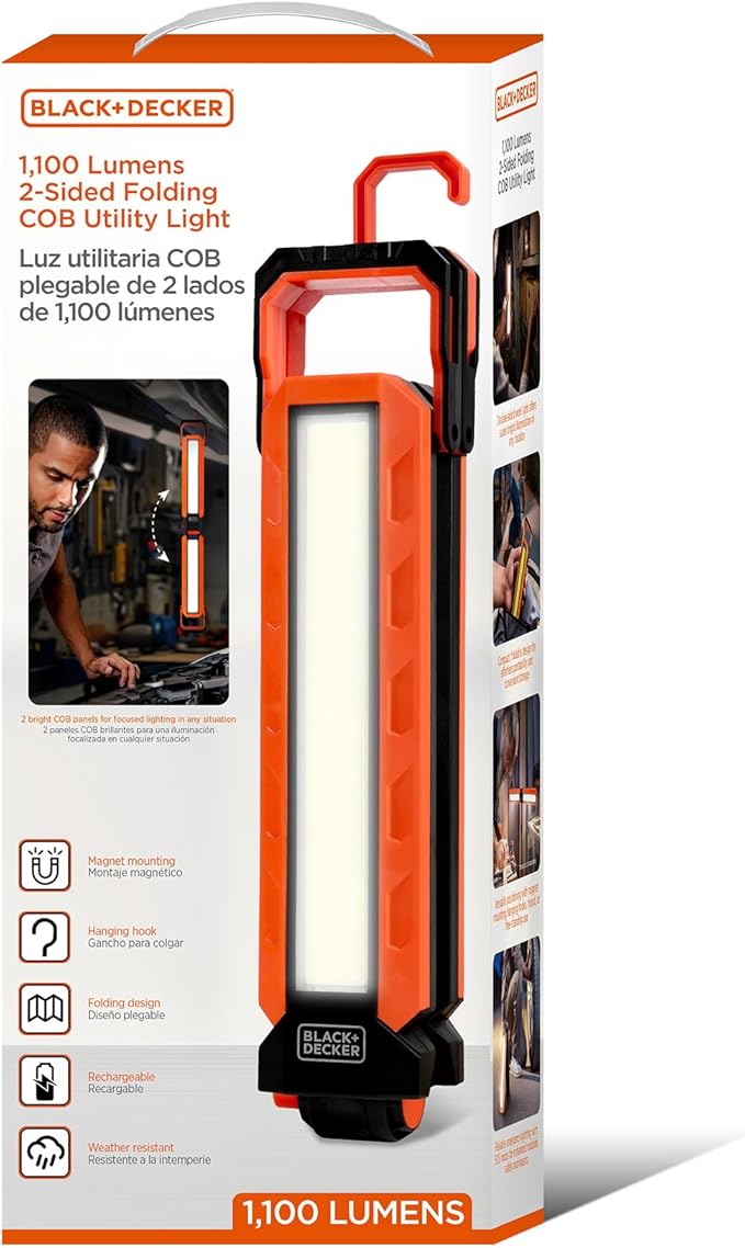 BLACK+DECKER Rechargeable Hanging LED Light, 1100 Lumens Foldable Double-Sided LED Work Light, 5 Modes, Tripod, Hook & Magnetic Mount, Indoor/Outdoor IP54 Weather-Resistant COB Lighting, Adjustable