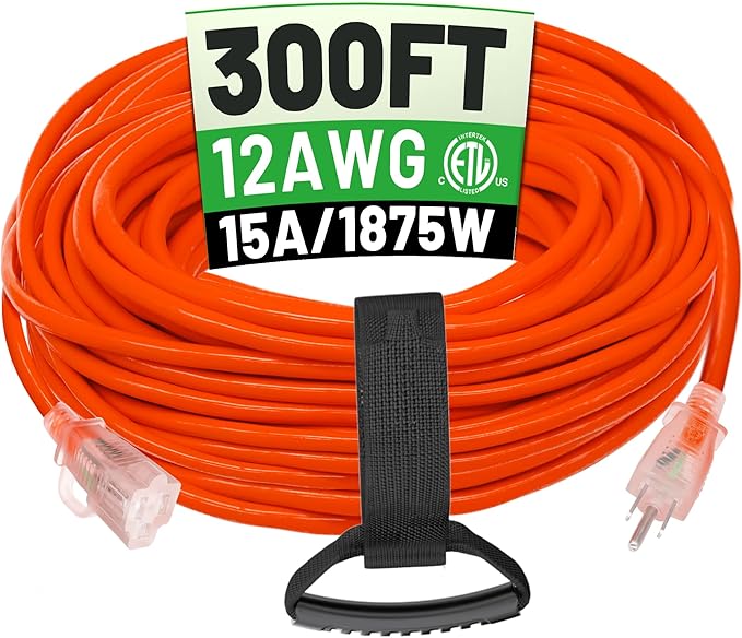 POWGRN 300 ft 12/3 Outdoor Extension Cord Waterproof Heavy Duty with Lighted End 12 Gauge 3 Prong, Flexible Cold-Resistant Long Power Cord Outside, 15Amp 1875W SJTW Orange ETL Listed