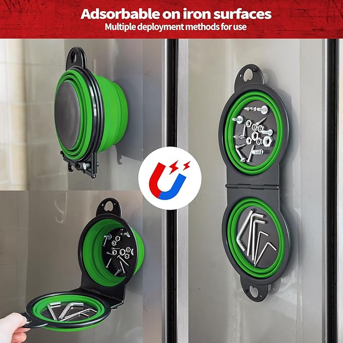 Collapsible Magnetic Parts Tray Set, New Upgraded Version Magnetic Trays, Integrated 5.1" Round Dual Silicone Bowls, Multi-Use Nuts And Bolts Organizer, Bonus Hook for On-the-Go Carry (green2.0)