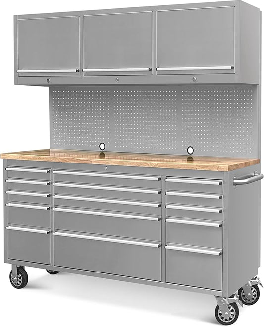 72-Inch Stainless Steel Rolling Tool Box with 15 Drawers & 3 Upper Cabinets, Heavy-Duty Mobile Garage Workbench, Lockable Large Tool Chest Storage Cabinet with Wheels and Pegboard for Workshop