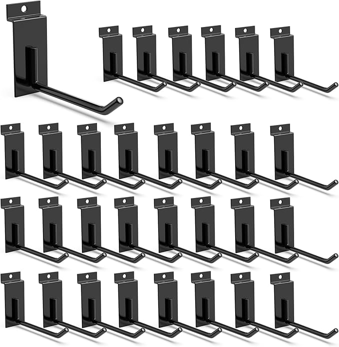 3-H Slatwall Hooks 30PC, 5 Inch, Extra Large Thick Backplate(3.35×1.38 x 0.08 Steel), Heavy Duty Smooth Glide, Compatible with Proslat, Crownwall &Standard Slatwall Panels for Garage, Retail Display