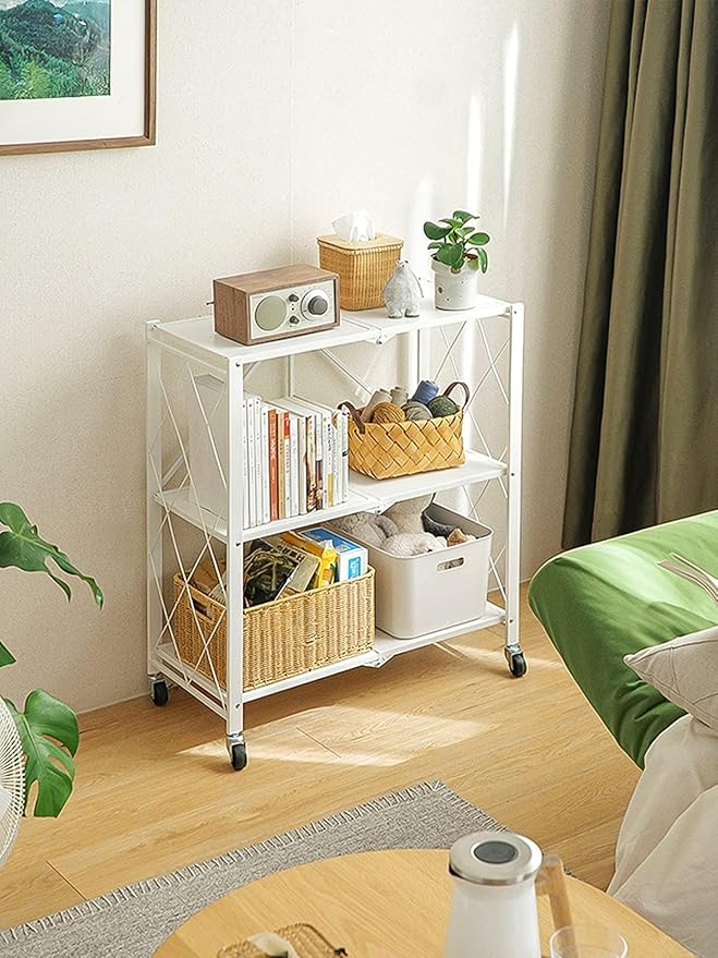 Lanstics 3-Tier Foldable Standing Shelf Units with Wheels, Industrial Style, Heavy Duty Metal Storage Shelves for Home, Kitchen, Bedroom