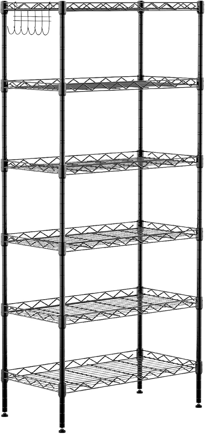 6-Shelf Shelving Storage Unit,Heavy Duty Metal Organizer Wire Rack with Leveling Feet, Stainless Side Hooks for Bathroom Kitchen Garage 750Lbs Capacity (Black)
