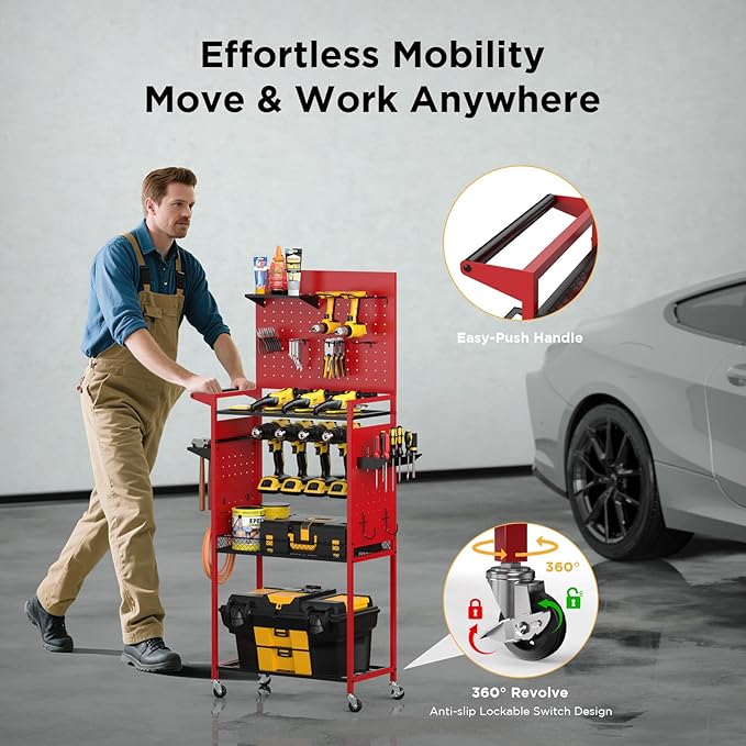 LimeHill Garage Power Tools Organizer Cart with Pegboard, Large Floor Standing Rolling Drill and Tools Battery Storage Cart on Wheels, Utility Rack Gift for Men, Husband, Father