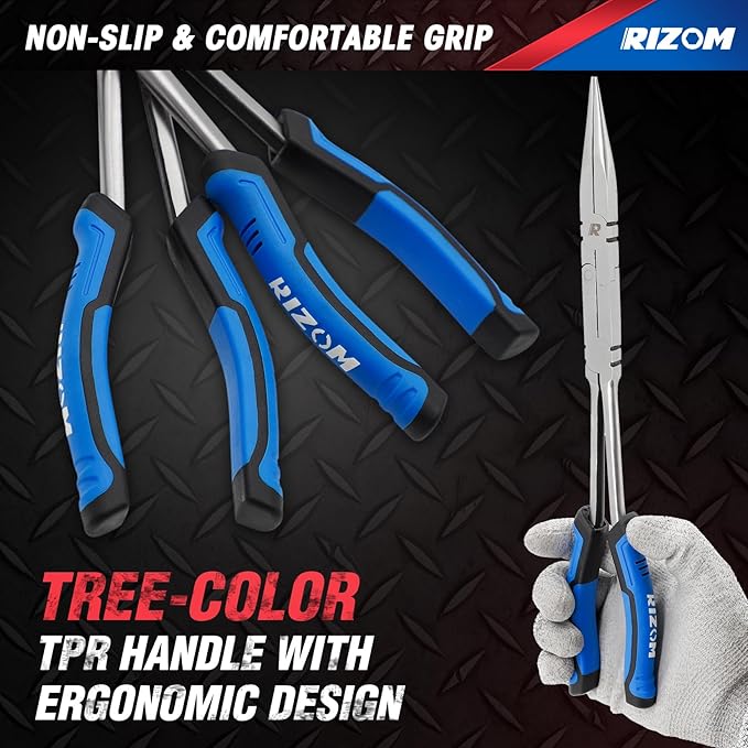 Rizom 3-Piece Long Reach Pliers Set, 13 Inch Double Jointed Long Needle Nose Pliers, 11 Inch 45° & 90° Bent Nose Pliers for Narrow Spaces and Limited Areas