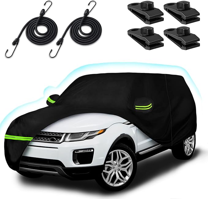 6 Layer Car Cover for Land Rover Range Rover Evoque 2011-2025, 210T Waterproof Sun Rain UV Dust Snow Protection Outdoor Evoque Full Car Cover with Windproof Gust Strap and Zipper Door-Black