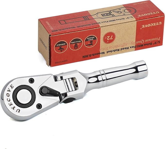 1/2 Inch Drive Stubby Ratchet, Flex Head Ratchet 1/2 Ratchet Ratchet Wrench, Small Socket Wrench, 72 Tooth Quick Release Swivel Head Ratchet Cr-Mo Flexible Ratchet Handle -5.9"/150mm