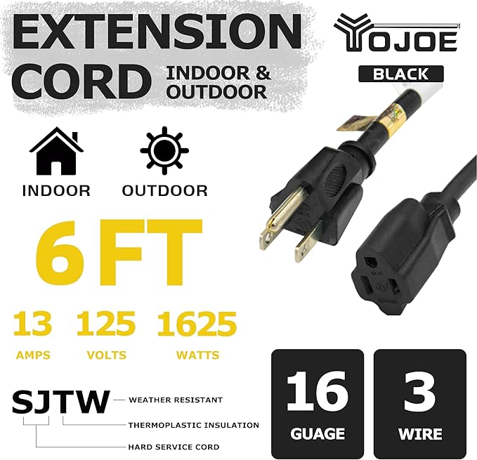 YOJOE Indoor Outdoor Extension Cord, 3 Prong 13A Weatherproof Power Cord, 16 Gauge Heavy Duty 6 ft Black Extension Cord for Garage, Garden and Home, 16/3 SJTW UL Listed
