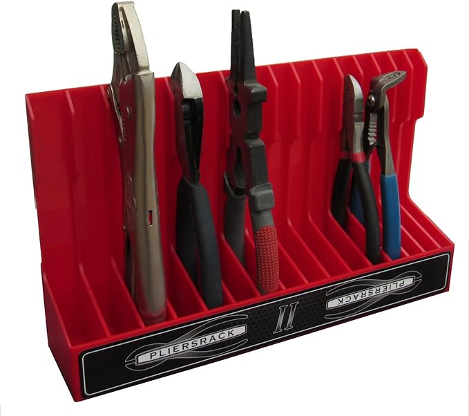 PLR16 Red Pliers Rack mounts on your peg board, or fits in your toolbox drawer. Plier storage for Regular & smaller pliers. Holds spring loaded pliers closed. Has a special tilt feature.