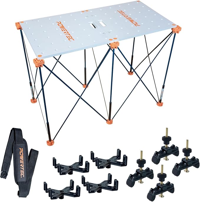 POWERTEC 72311 Arachni-Flex Portable Workbench - 24" x 48" PVC Waterproof Foldable Tabletop w/Pre-drilled Dog Holes & Quick-Insert Locks and 2x4ft Collapsible Workstand 2500 lbs Capacity