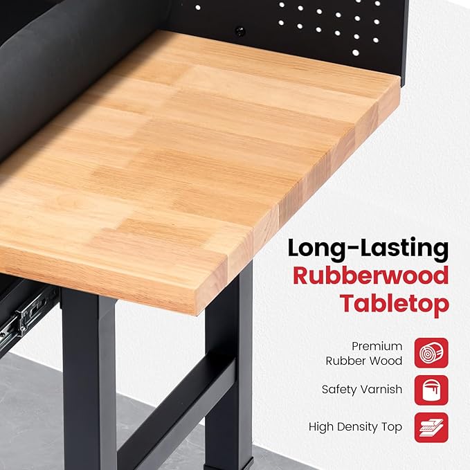 ENJOYWOOD 48" x 24" Rolling Workbench Adjustable Height Work Table with Wheels, Drawers, Pegboard and Power Outlets Heavy Duty Rubberwood Top for Garage, Workshop & Home