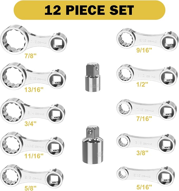 Torque Adapter Set, 12 pcs SAE 12 Point Torque Adapter Extension Set, 3/8" Torque Wrench Adapter with 5/16", 3/8", 7/16", 1/2", 9/16", 5/8", 11/16", 3/4", 13/16", 7/8", 1/2''+1/4'' Adapter