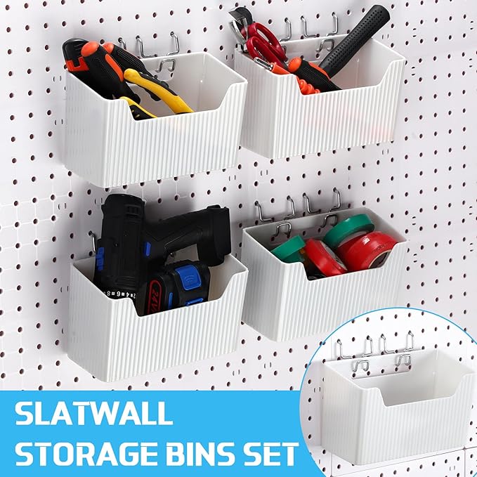 Suzile 4 Pcs Pegboard Bins Plastic Bins Set 7.9 x 3.3 x 4.7'' Pegboard Containers with Metal Hooks Organizing Assortment Accessories for Organizing Storage Tools Storage Workbench Garage (White)