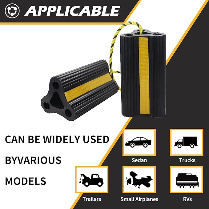 Wheel Chocks for RV Trailer [1pair/2pack with Rope] Camper Trucks and Aircraft, Versatile Heavy Duty Rubber Wheel Chocks Block for with 3 Reflective Strips, Tire Wheel Immobilizers & Chocks