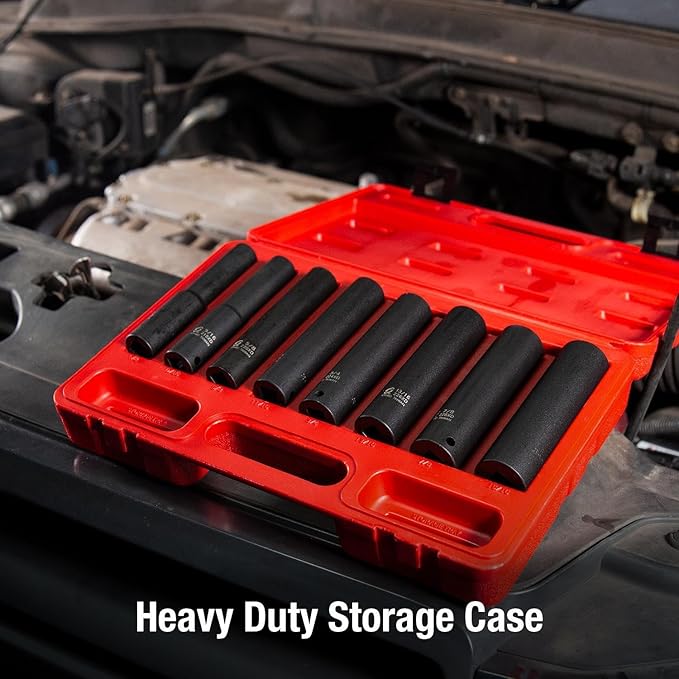 SUNEX TOOLS 2848, 1/2 Inch Drive Impact Socket Set, Extra Long Deep, 8-Piece, SAE, 1/2"-15/16", Cr-Mo Alloy Steel, Radius Corner Design, Dual Size Markings, Heavy Duty Storage Case