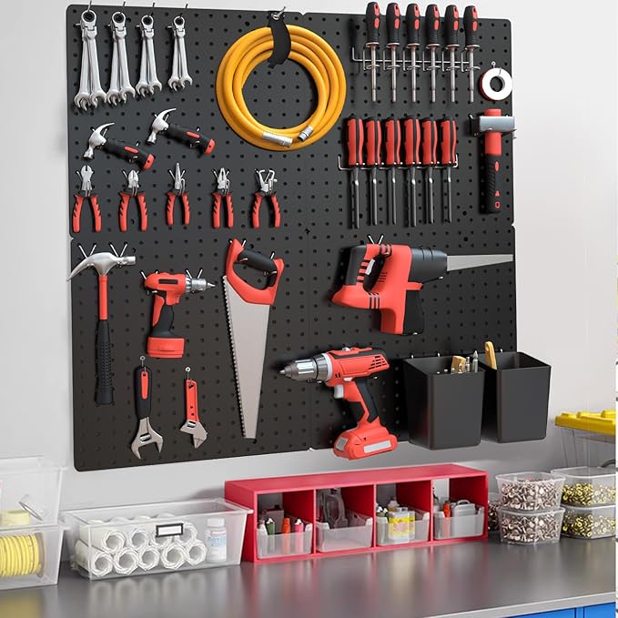 FZK Peg Board, Black Pegboard 4pcs and 46 Pegboard Hooks with Strong Ribs Back Holds up for 200Ib, Peg Board Organizer for Walls for Garage Workshop Office Kitchen, 16"*16"