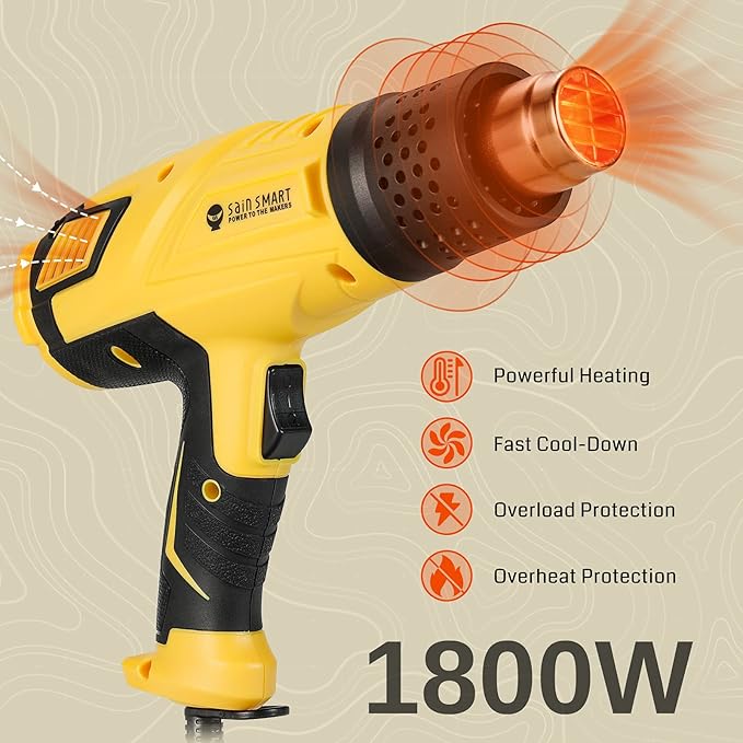 SainSmart Heat Gun, 1800W, Variable Temperature Control 120 °F-1202 °F, Fast Heat Hot Air Gun Soldering, with 4 Nozzles for Crafts, Epoxy Resin, Shrinking tubes, Stripping Paint, and Shrink Wrapping