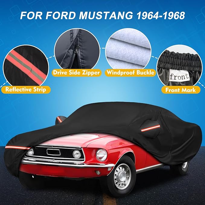 QUNSUNUS 6 Layer Car Cover for Ford Mustang 1964-1968 Waterproof All Weather 420D Windproof for Ford Mustang Car Cover Hail Protection with Zipper