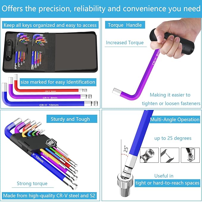 18 PCS Hex Key Set, Color-Coded, Chrome Vanadium Steel, Industrial Grade, T10-T50