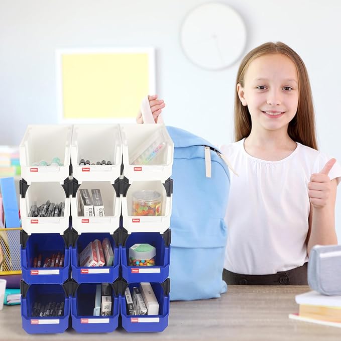 Stackable Storage Bins 12 Pack (11x5x5 Inch), Plastic Stackable Storage Organizer Bins Wall Mounted Hanging Small Parts Bin for Garage, Workbench & Office (Blue & White)