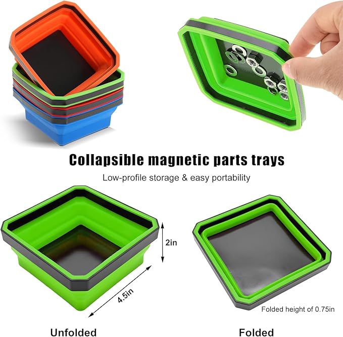 Collapsible Magnetic Parts Tray, 4.5 Inch Foldable Magnetic Square Silicone Tray, Tool Tray Set with Double-Sided Magnetic Base for Screw Bolts Nuts Pins, Car Accessories (Green)
