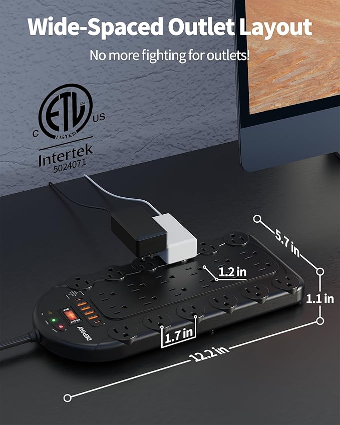 DEPOW 10Ft Power Strip Surge Protector with 24 AC Outlets (1875W/15A) 6 USBs (2 USB-C Ports), 3,400 Joules, Heavy Duty Flat Plug Extension Cord, Wall Mountable for Home, Office, Black, ETL Listed